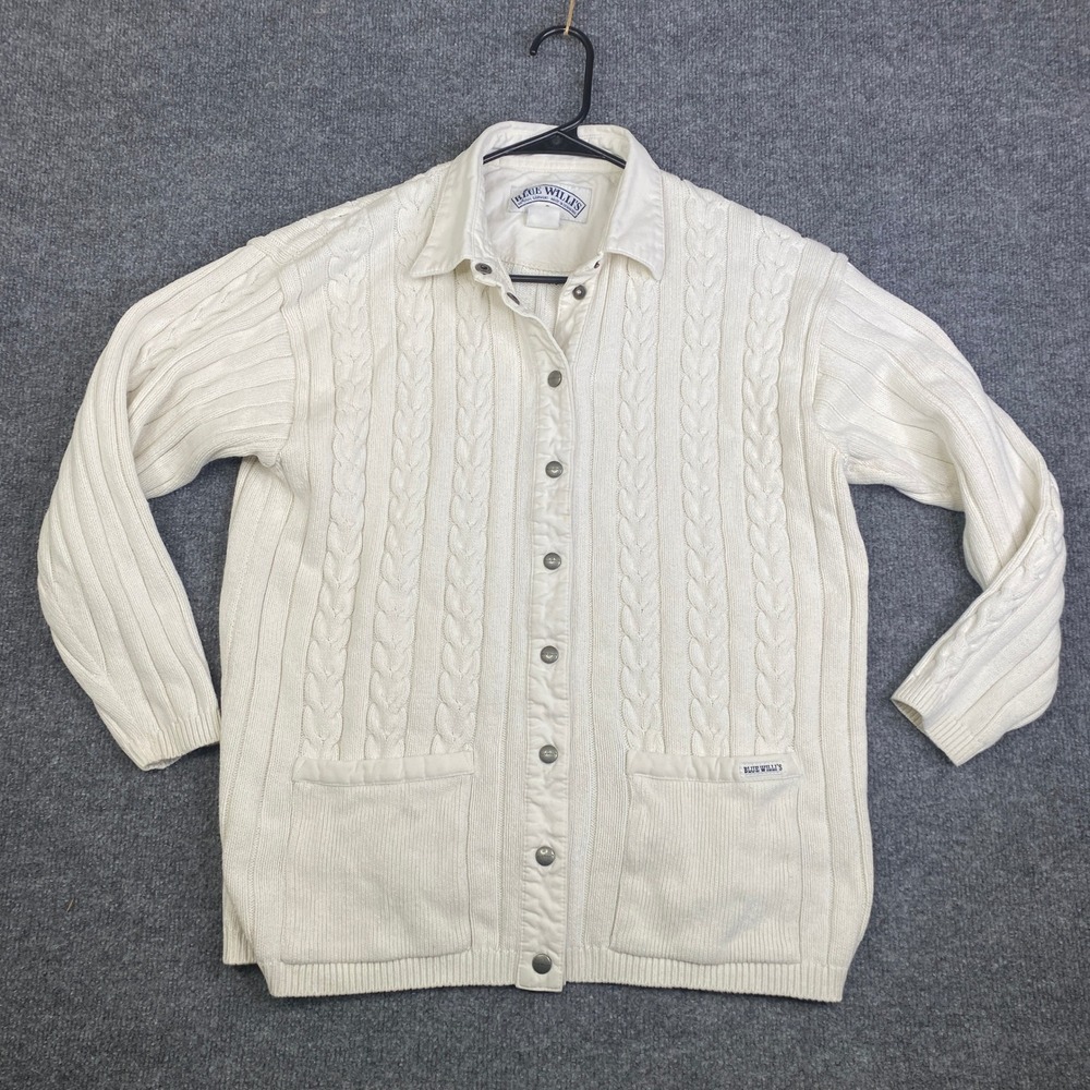 VTG Blue Willi's Denmark Small Cream Cable Knit Cotton Button Cardigan Sweater